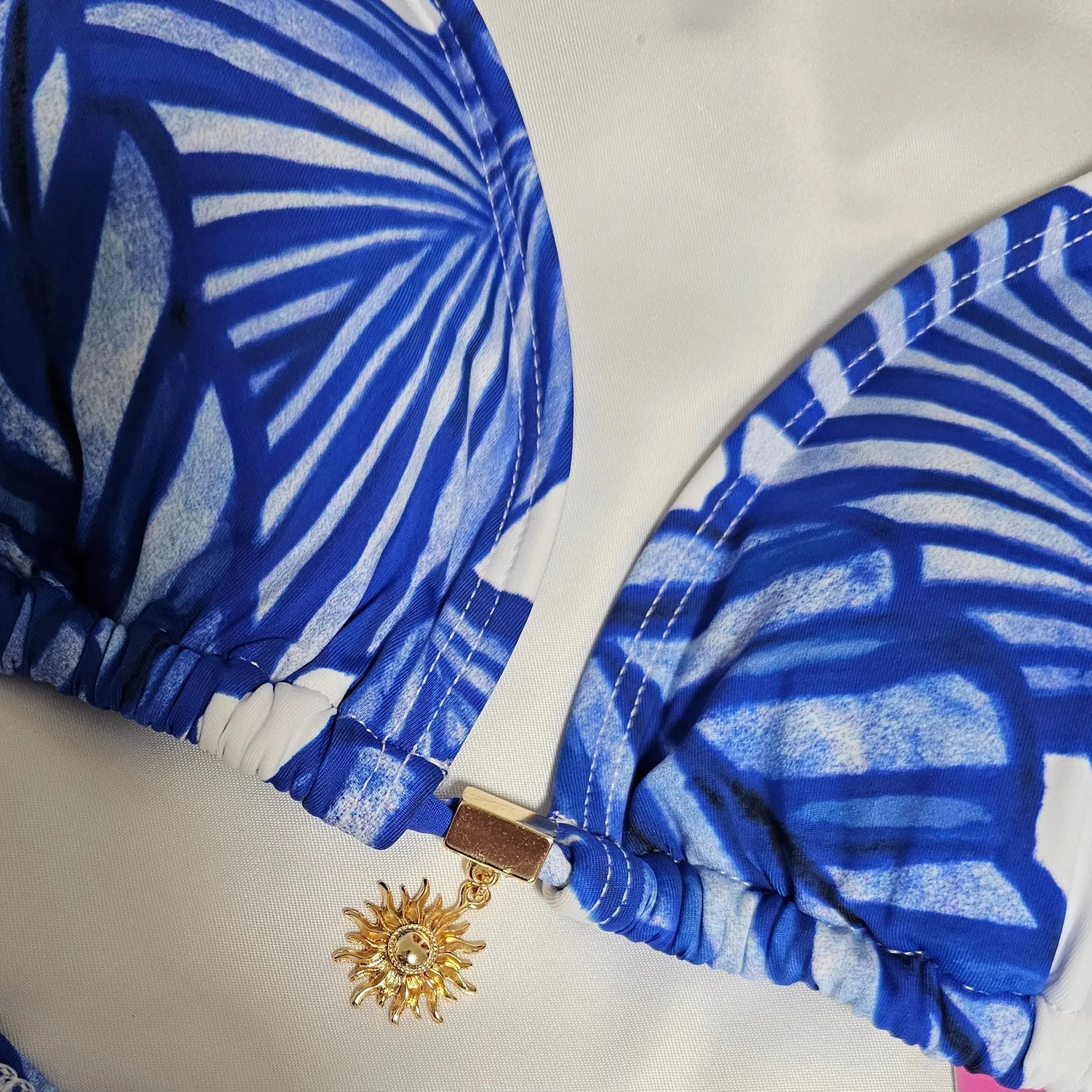 Oceana Triangle Bikini Top with Sun Charm — Blue Coastal Print Beeluxxe