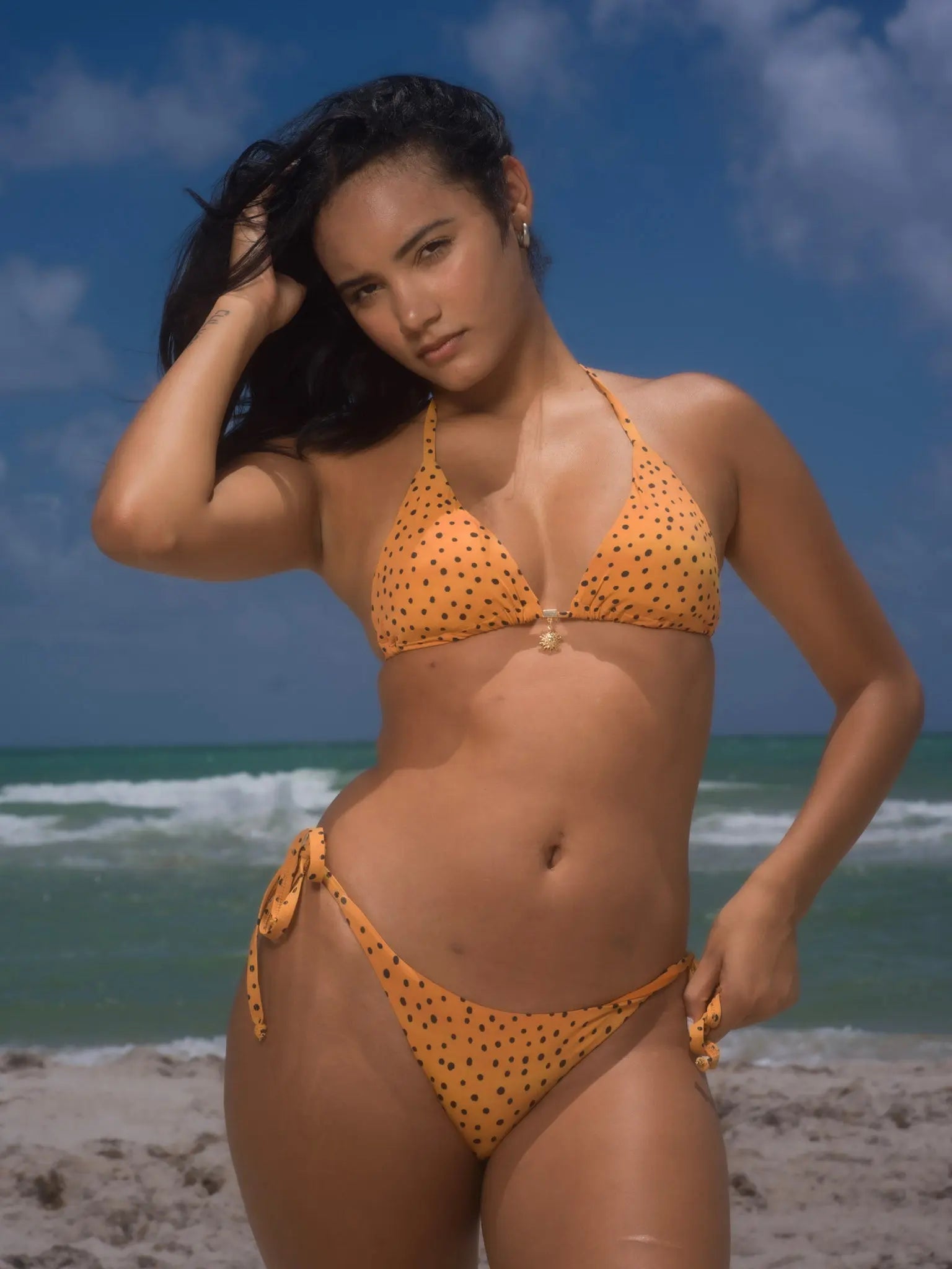 Poá Sol Printed Triangle Bikini Top with Sun Charm Beeluxxe