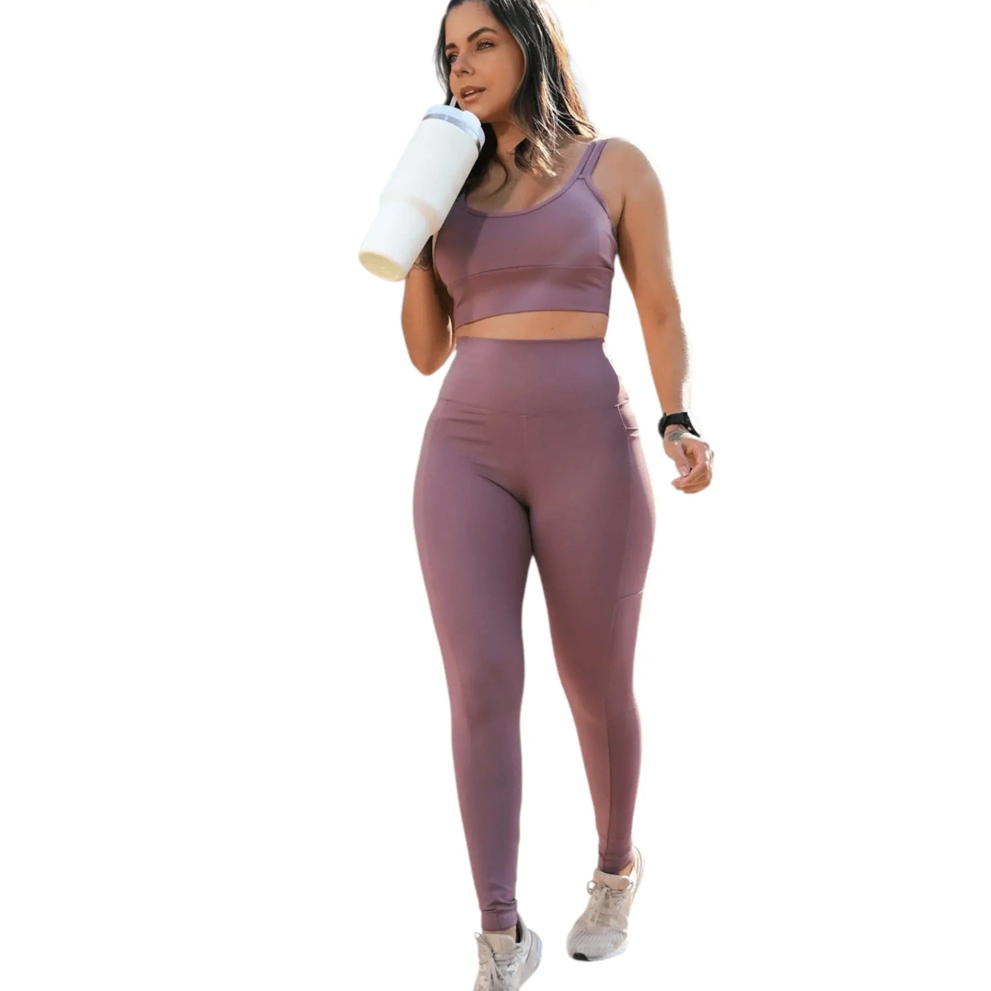 Evolve Pocket Legging in moccha, full-length front view on model