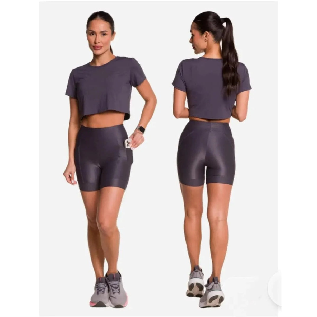 Freedom Éclat Pocket Shorts in gray activewear fabric, front and back view