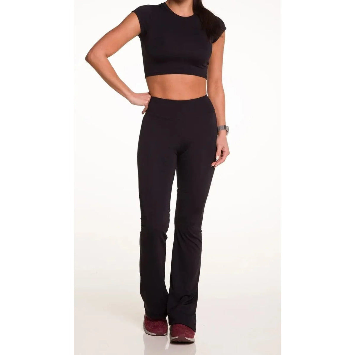 Freedom Flare Leggings in black activewear fabric, full-body front view