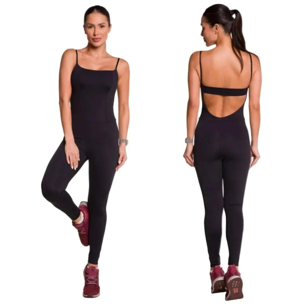 Freedom Sculpt Jumpsuit in black activewear fabric, front and back view