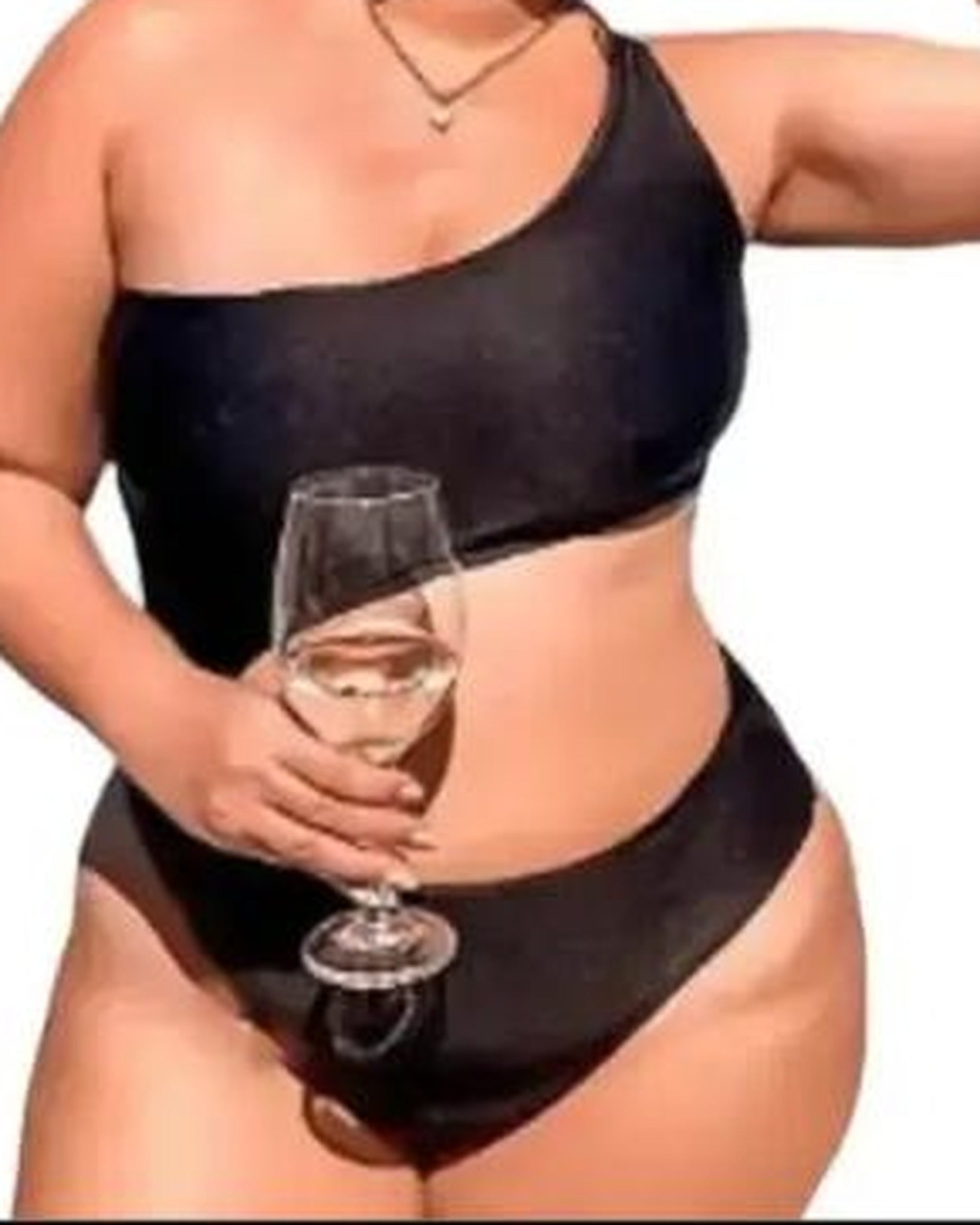Beeluxxe Gloss One-Shoulder Bodysuit Swimsuit in black, front view