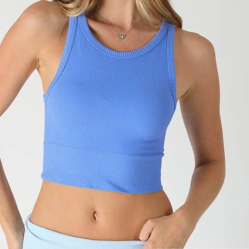 Highneck crop top in marina blue, front view on model