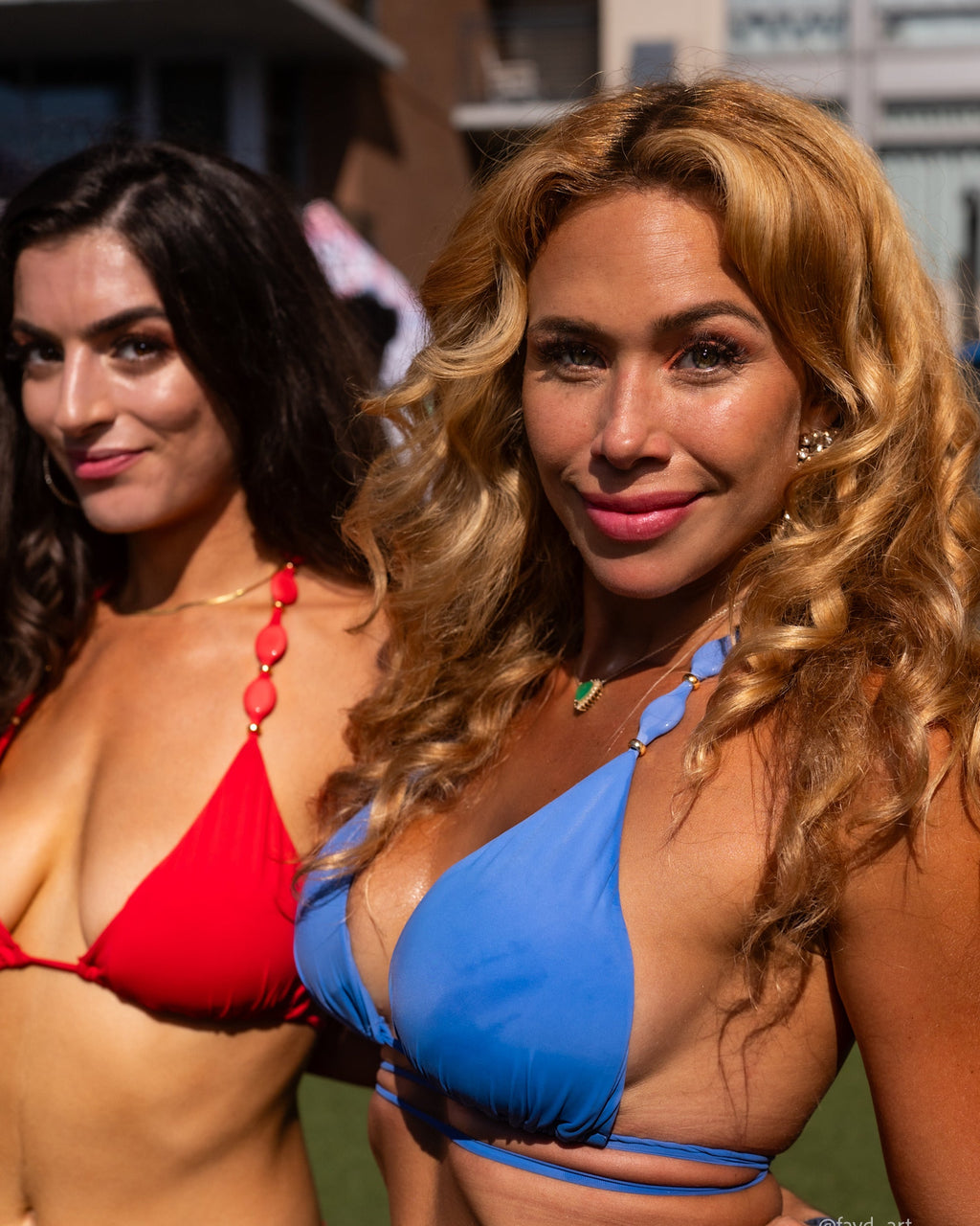 Solara Brazilian Bikini Bottom in red and blue, close-up of the fabric-covered stone hip detail, Beeluxxe