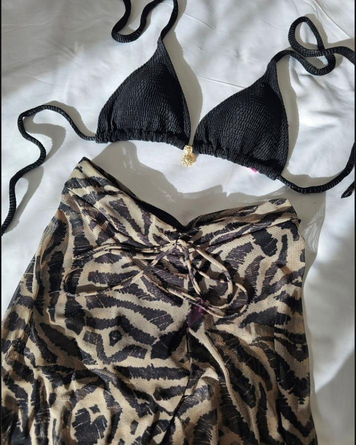 Beeluxxe Tule Cover-Up Pants in Brown and Black print, flat lay view