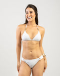 Brisa white triangle bikini set with beaded straps and side-cutout bottom, front view on studio model