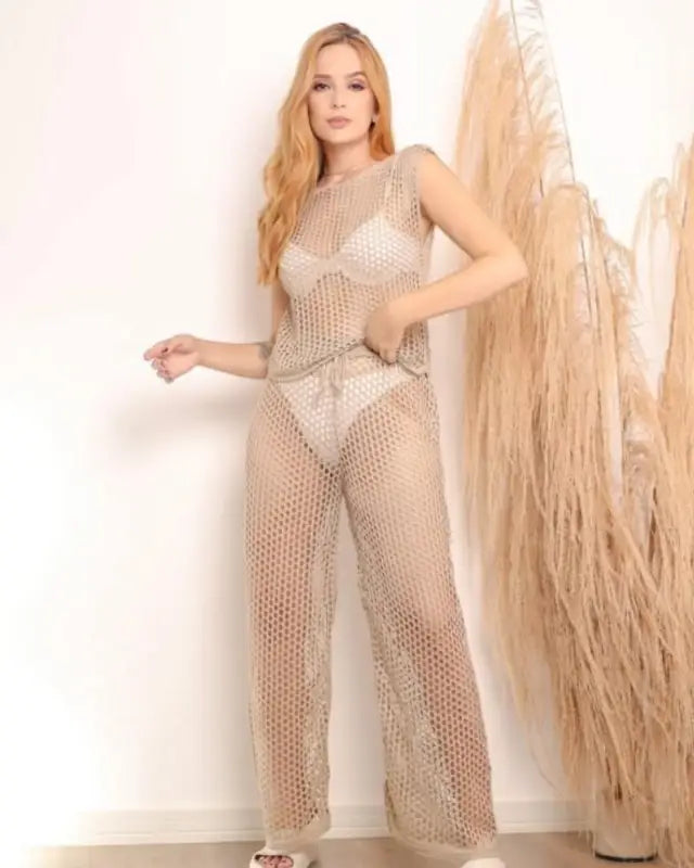 Cover up pants and top set - Beige / One size